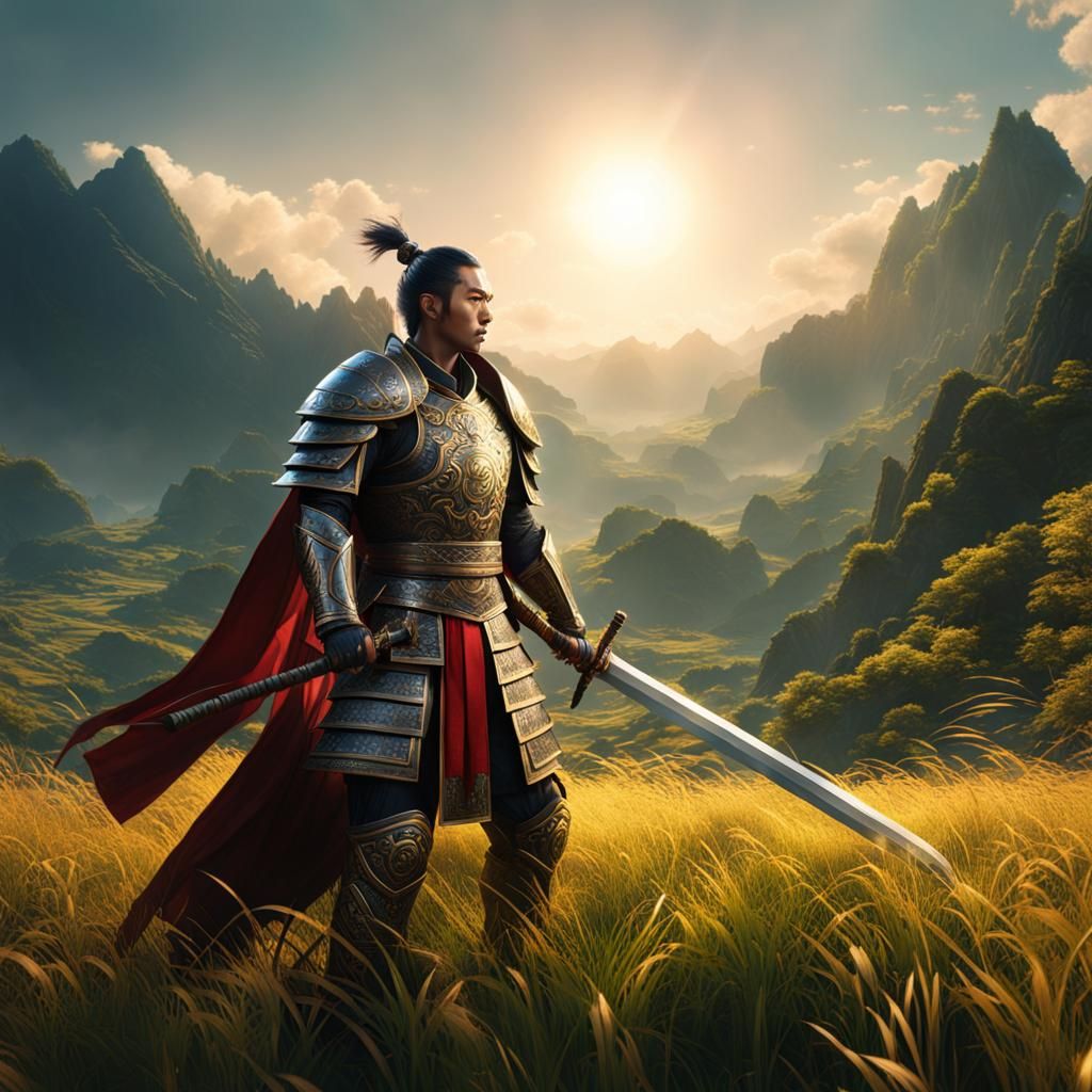 Chinese Warrior in Armor on Grassy Field