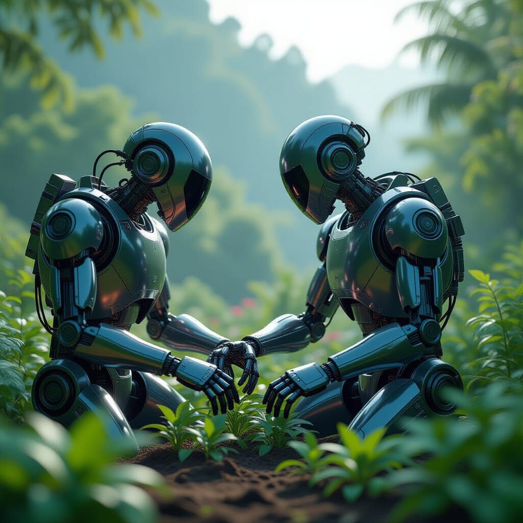 Steam Robot Tends Lush Garden in Cinematic Sci-Fi Scene