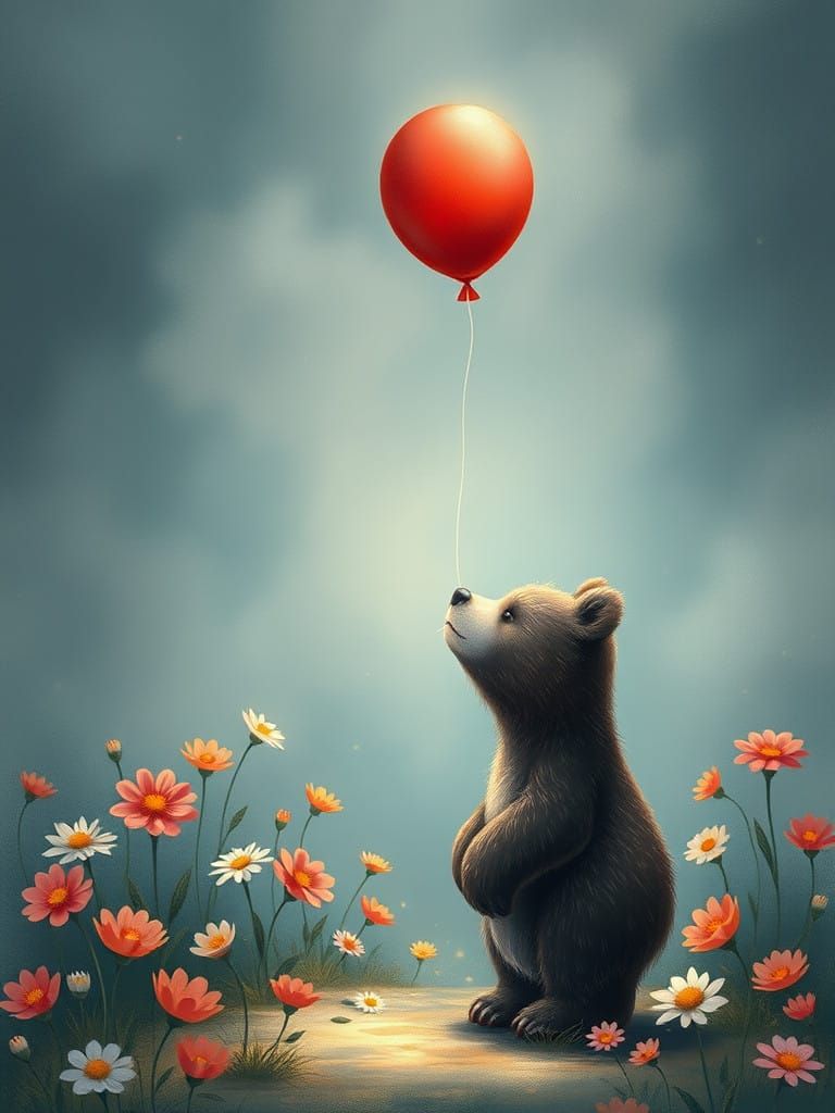Bear Looks Longingly at Red Balloon Amidst Vibrant Flowers i...