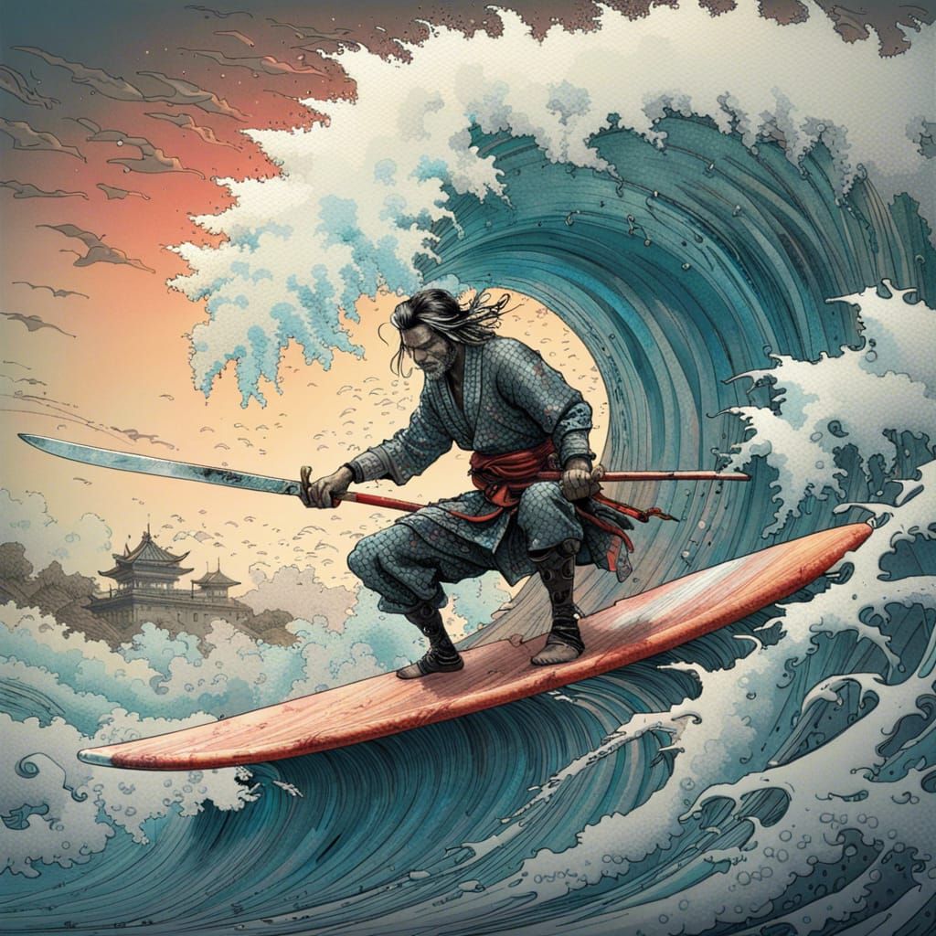 Samurai Surfing Great Wave: Fantasycore Artwork