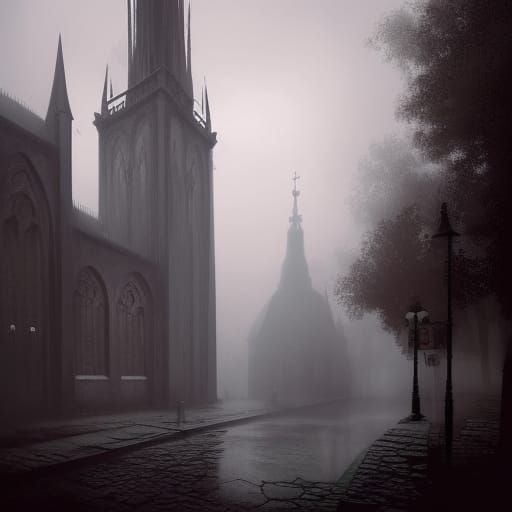 Sinister Gothic Chapel in Misty Dark Town