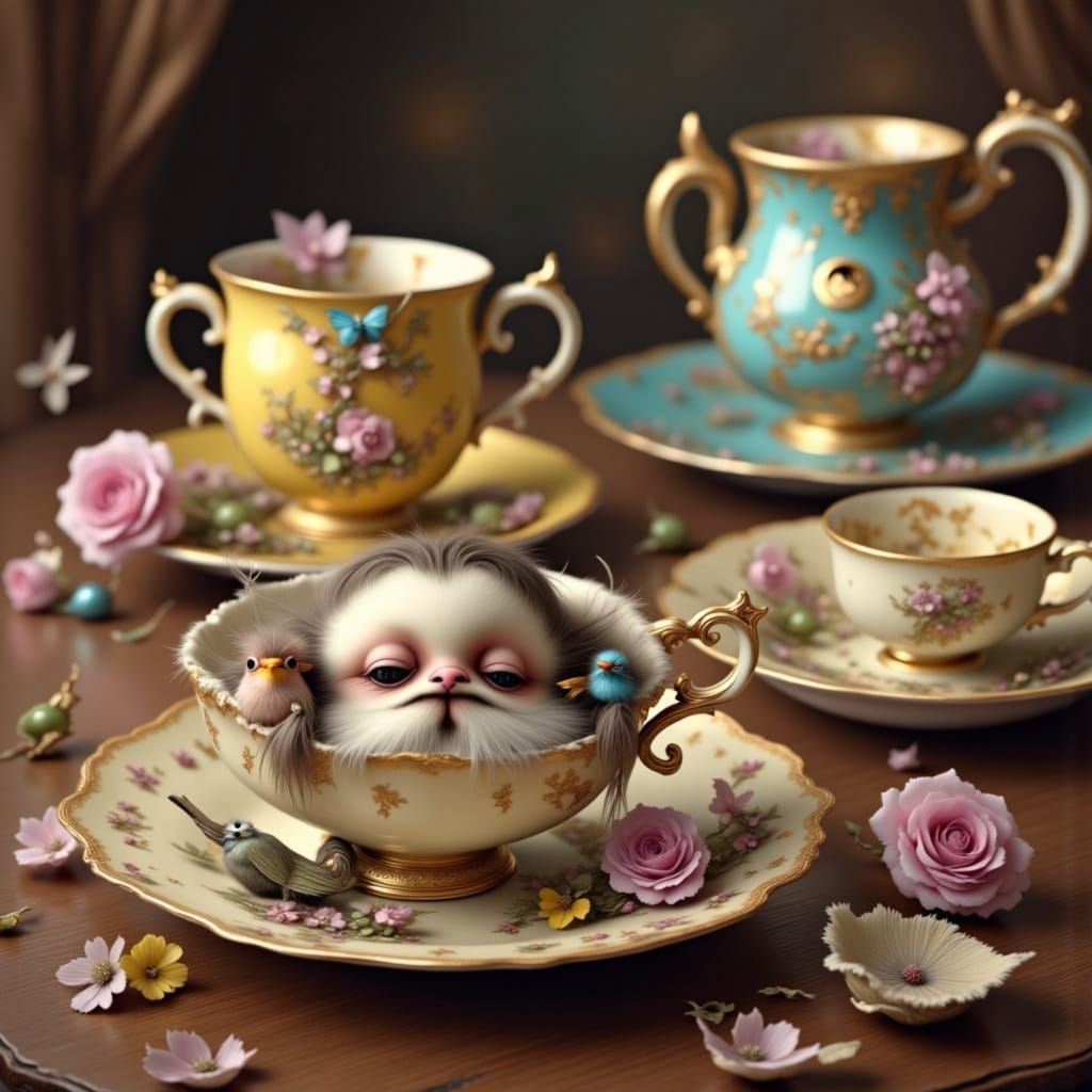 Antique Teacups with Expressive Faces on Wooden Table