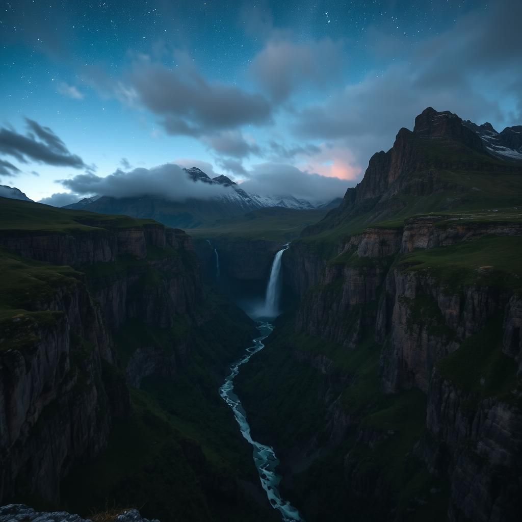 Dramatic Night Scene of Mountain Gorge Waterfalls