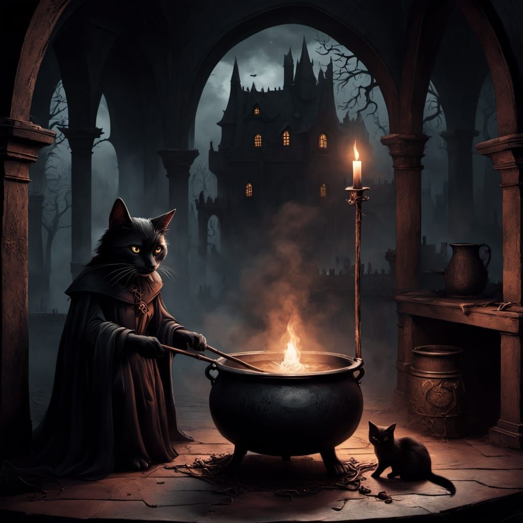 Dark Fantasy Witch with Broom and Cat