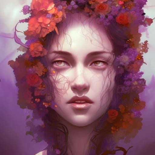 Detailed Flower Witch Portrait in Art Nouveau Style