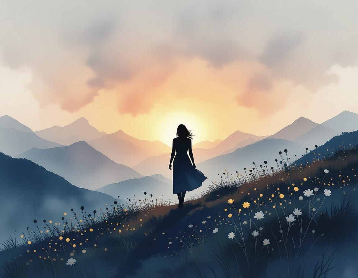 Ethereal Woman Walking Mountainside at Dusk in Watercolor