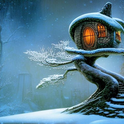 Magical Hobbit Treehouse in Winter Landscape