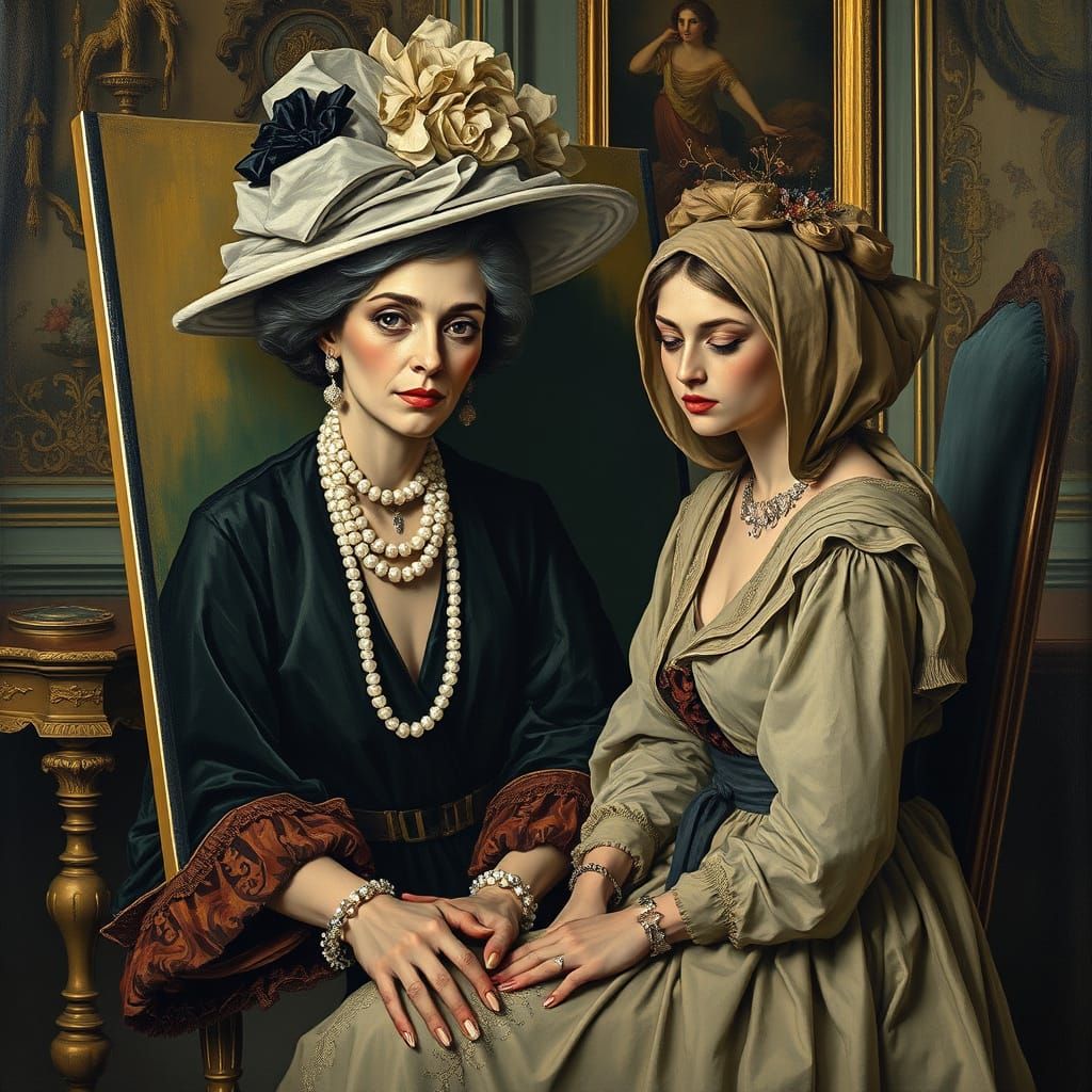 Elegant Woman's Somber Self-Portrait in Klimt Style