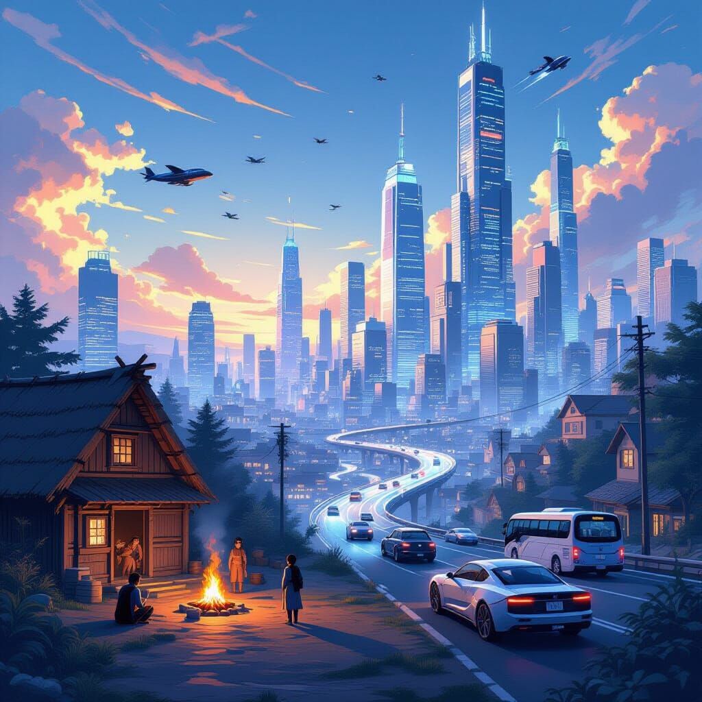 Technological Evolution: Rustic to Futuristic Panorama