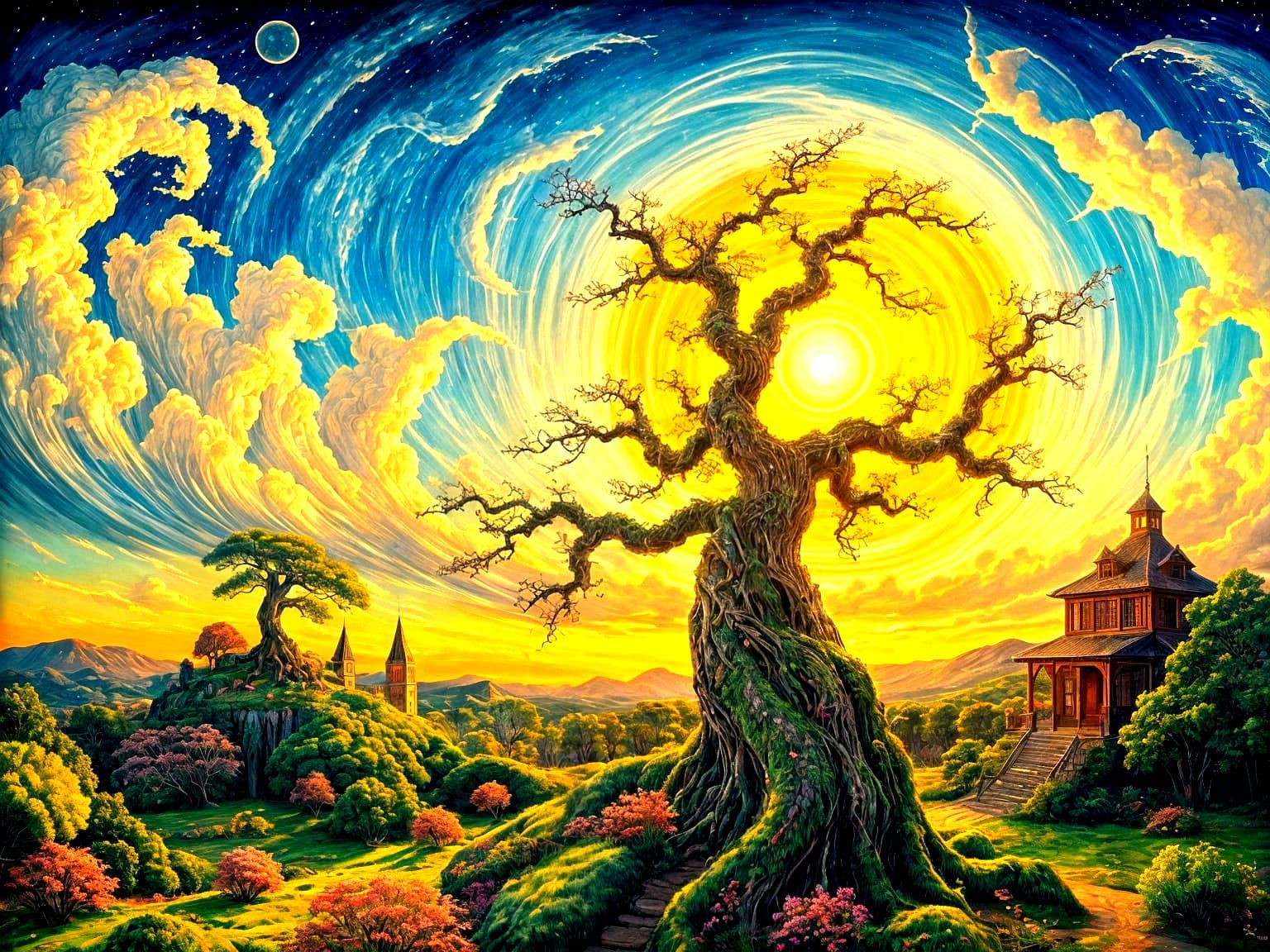 Clockpunk Bonsai Village Portrait in Detailed Gouache Painti...