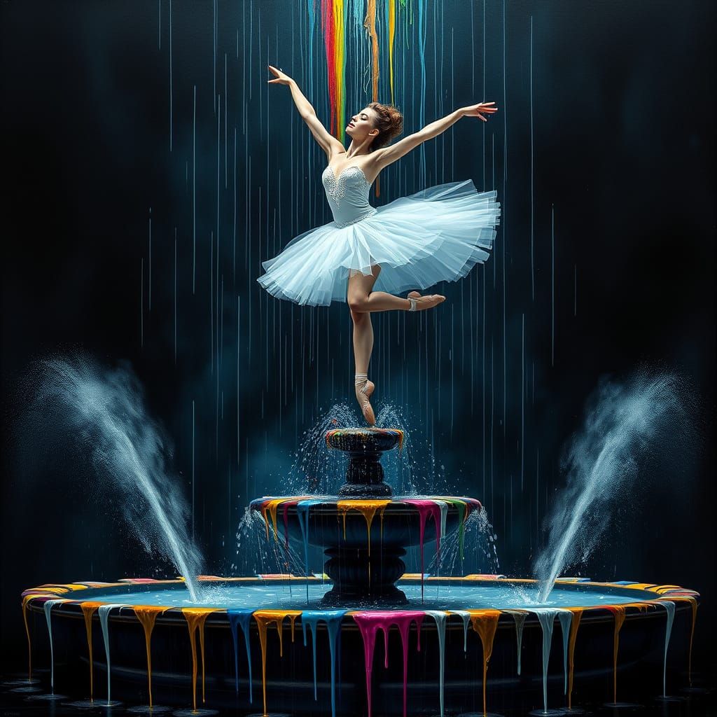 Ballerina Leaps in Dripping Raindrops on a Black Background