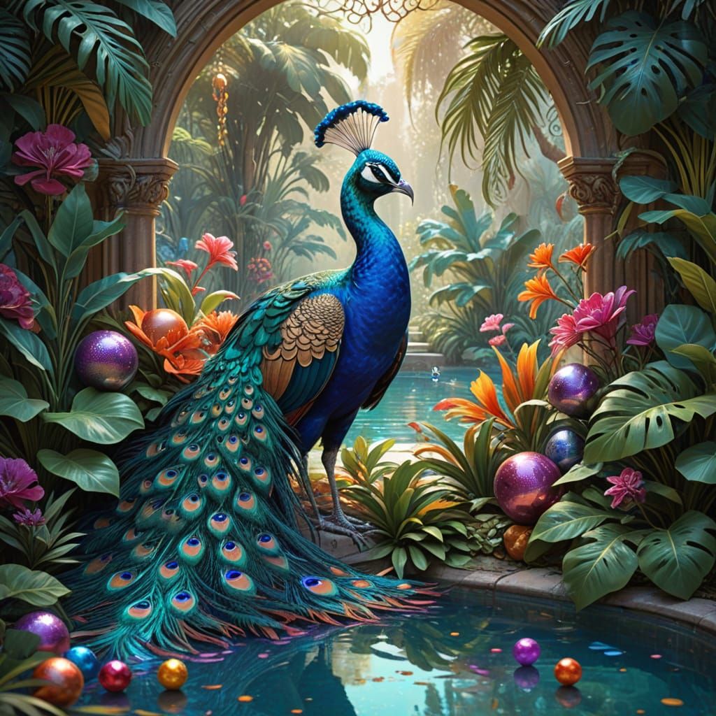 Art Nouveau Peacock and Parrot by Pool of Colorful Balls
