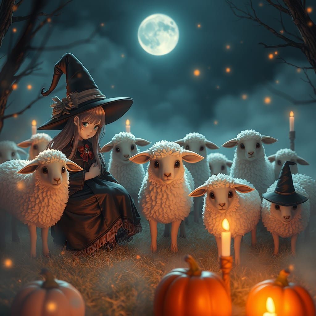 Anime Halloween Coven with Magic Sheep and Witch