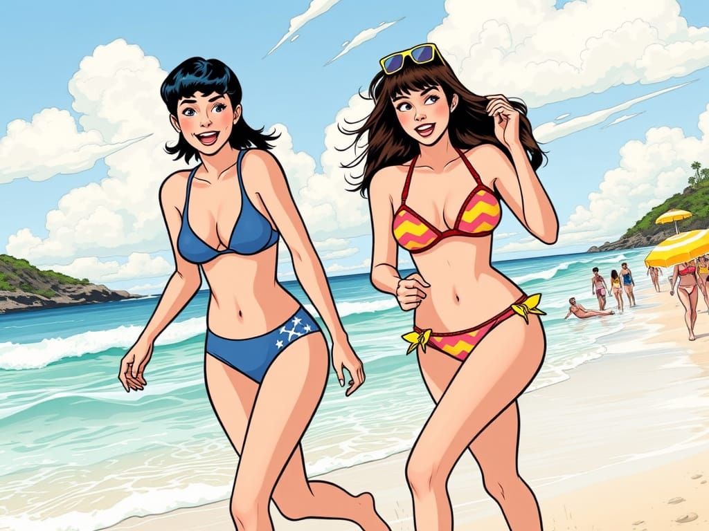 Archie Comics Style Beach Scene with Betty Cooper and Veroni...