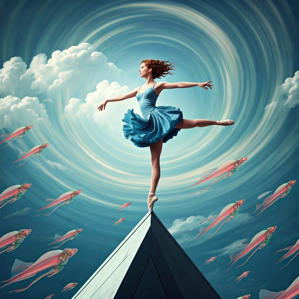 Elegant Woman in Dreamlike Pirouette on Futuristic Skyscrape...
