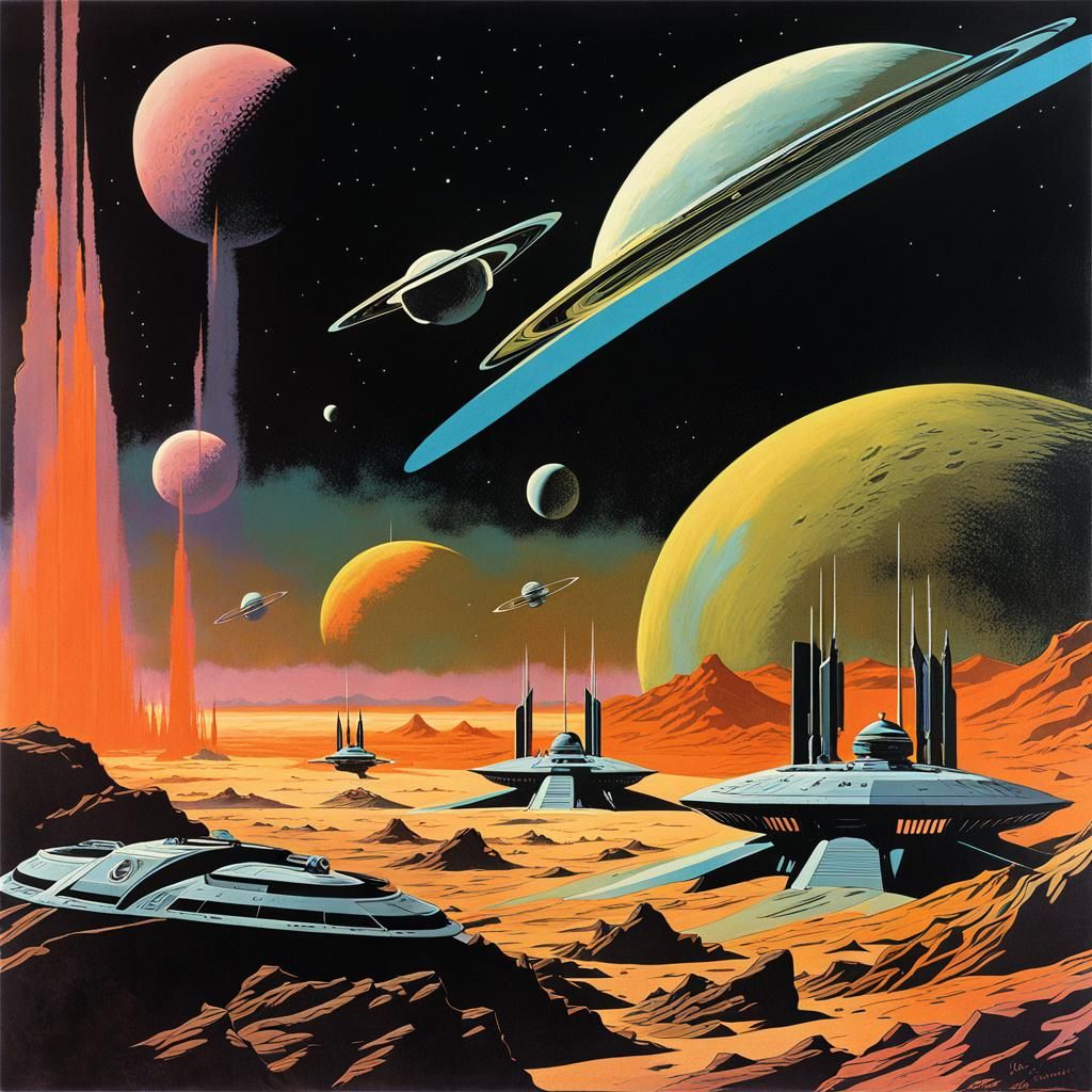 Retro Future Space Battle on Saturn in 70s Style