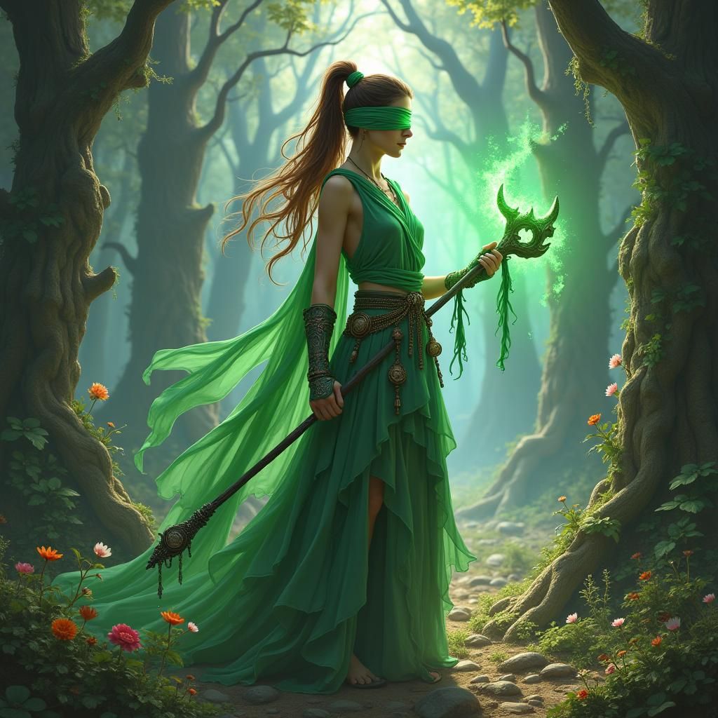 Blind Fae Warrior in Mystical Forest: Fantasy Concept Art