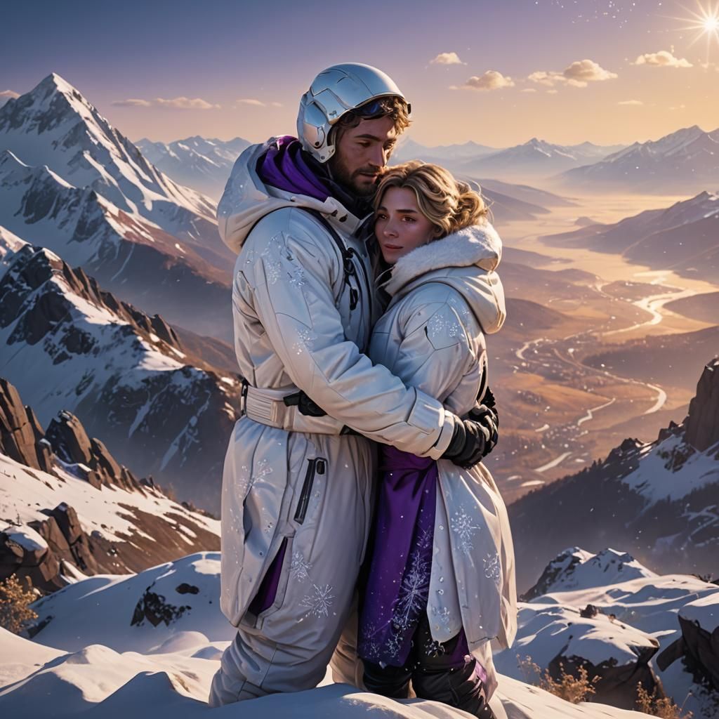 Couple in Puffy Suits on Mountain, Fantasy Art