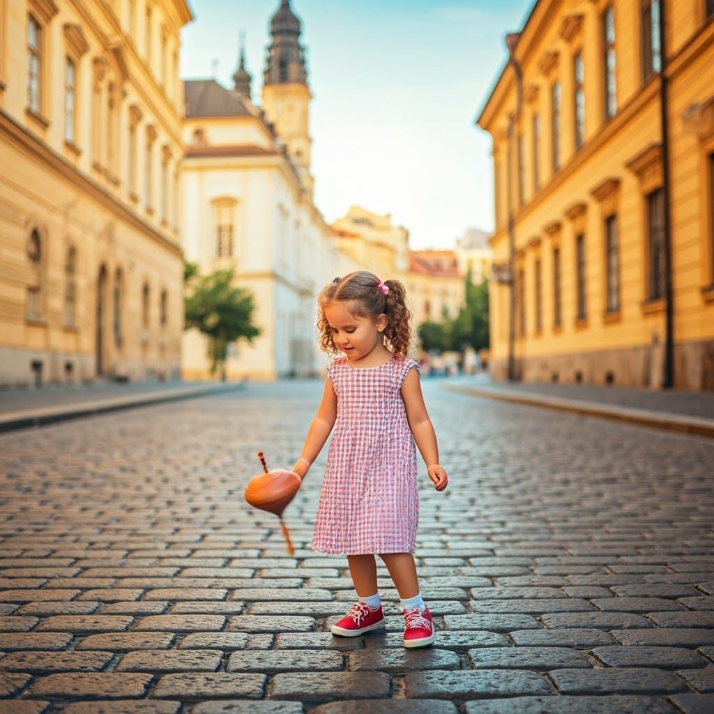 Girl Playing Top in Impressionist Cityscape