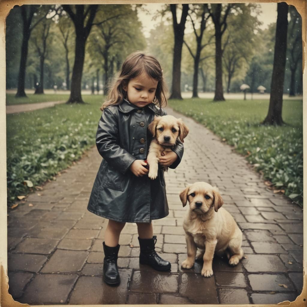 Vintage Instant Photo of Girl with Puppy