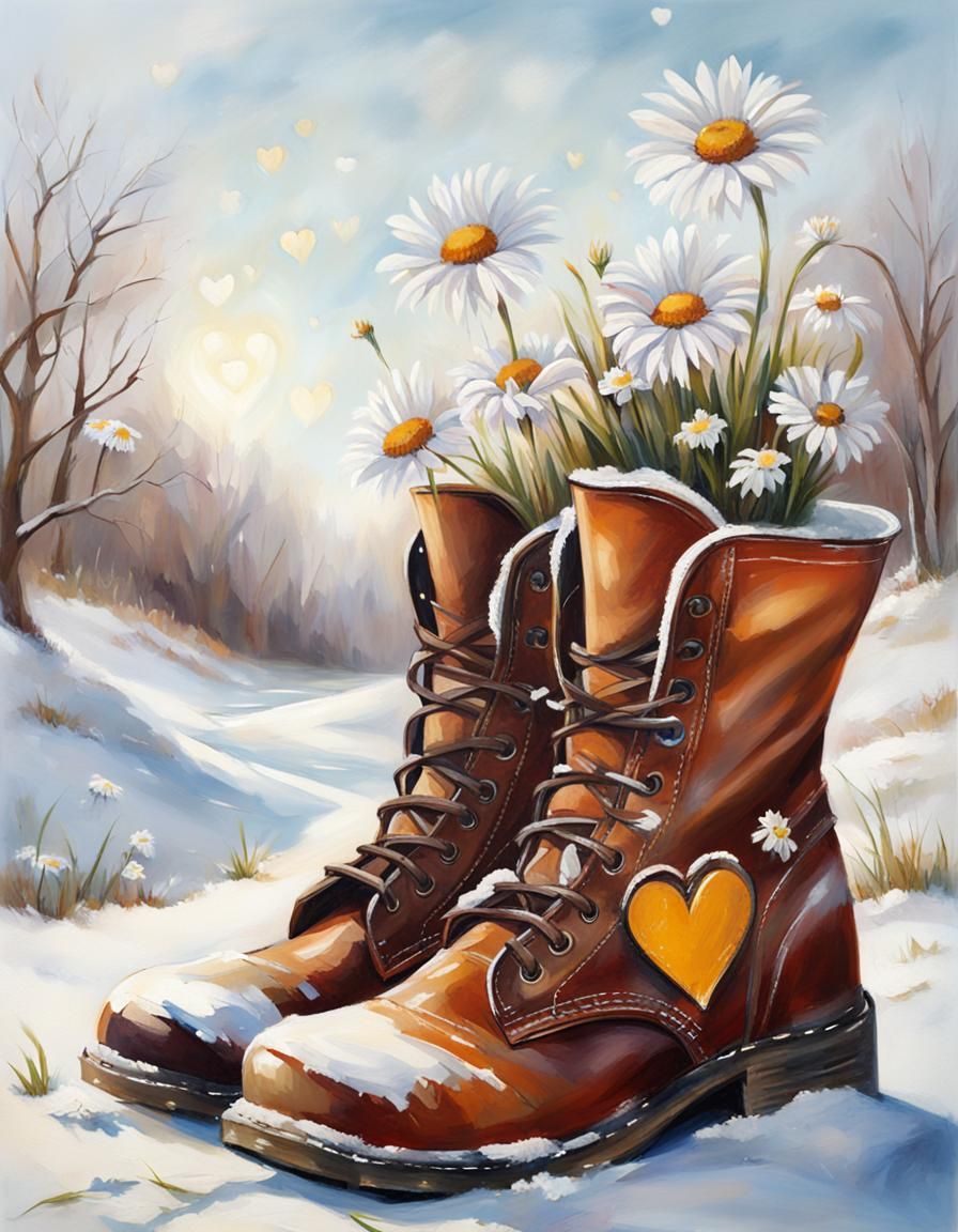 Oil Painting Winter leather battered boots