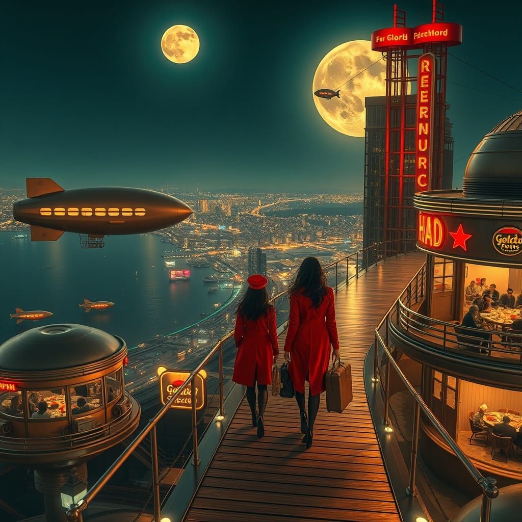 Retro Sci-Fi Blimp Hub at Night with Cityscape