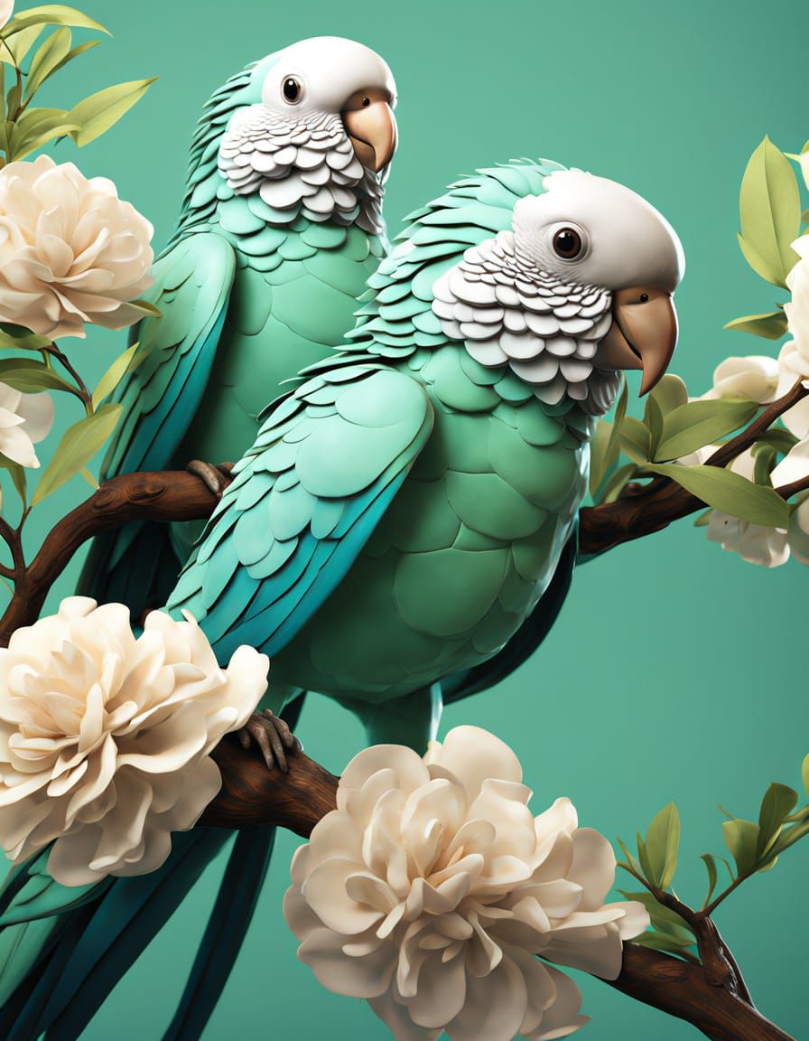 Parakeets on Flowering Branch in Hyper-Realistic Digital Art
