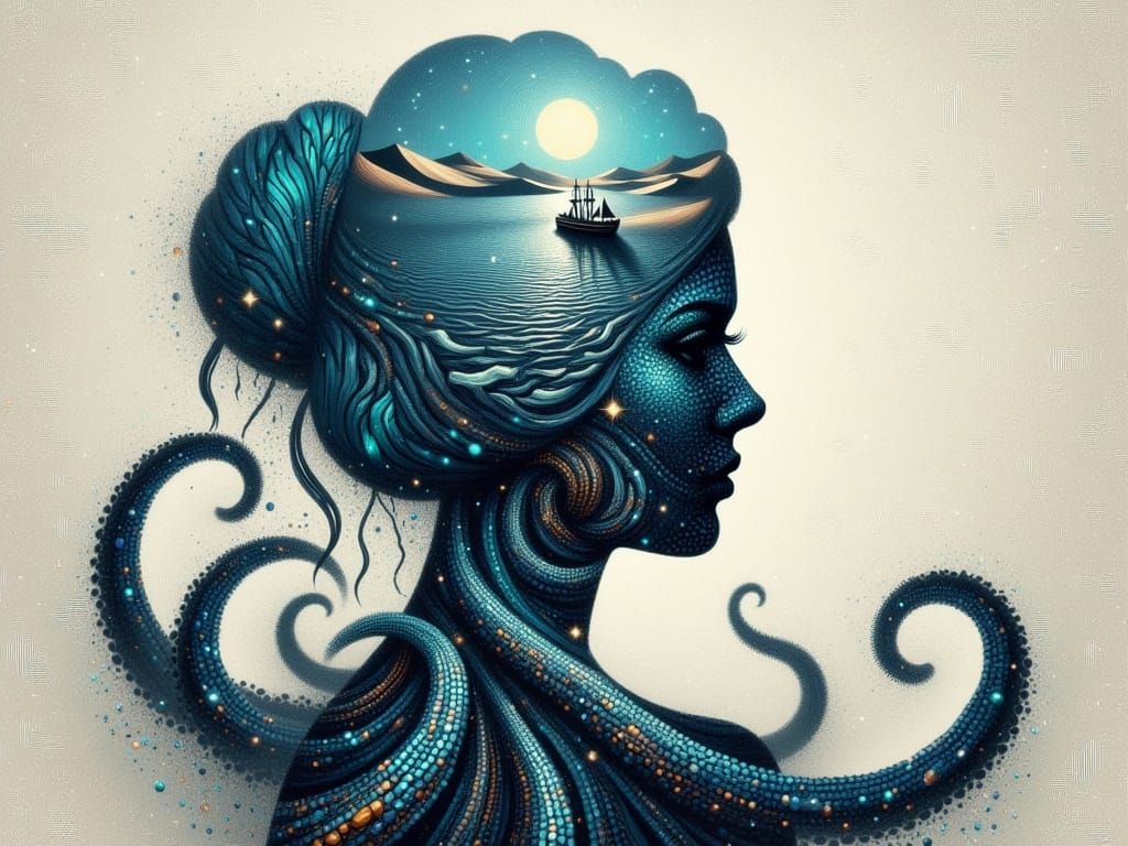 Surreal Double Exposure Art Featuring Octopus Woman