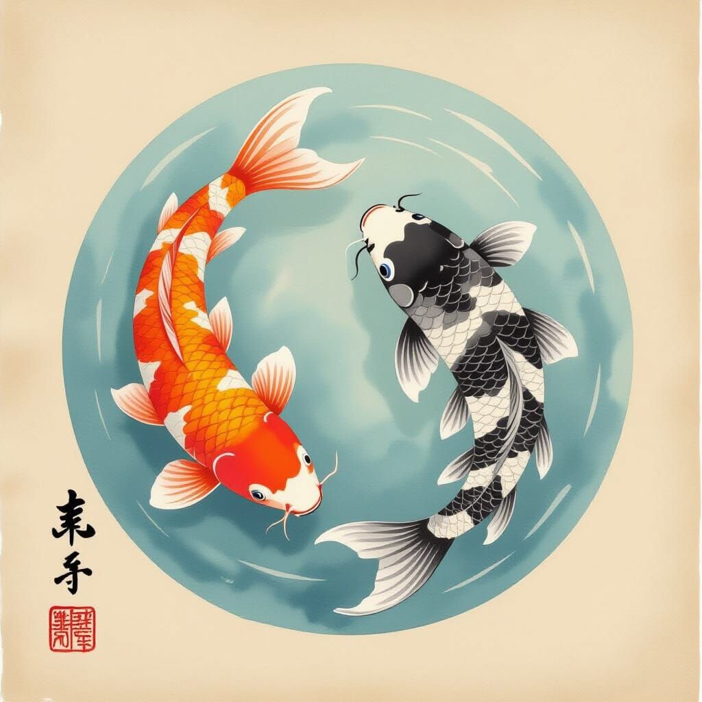 Watercolor Koi Fish Swimming in Circle on Scroll