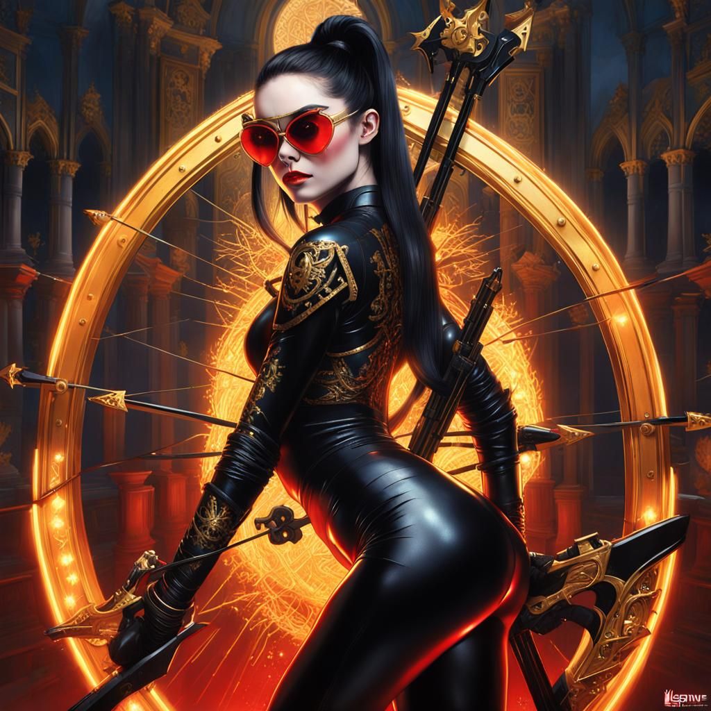 Woman with Crossbow in Gothic City, Digital Art