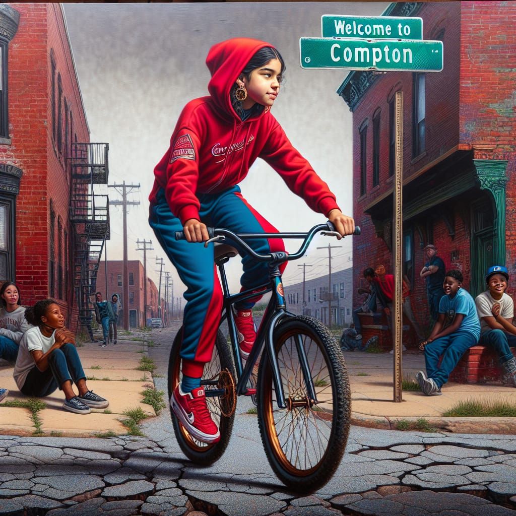 Girl in Red Tracksuit Cycles Through Compton