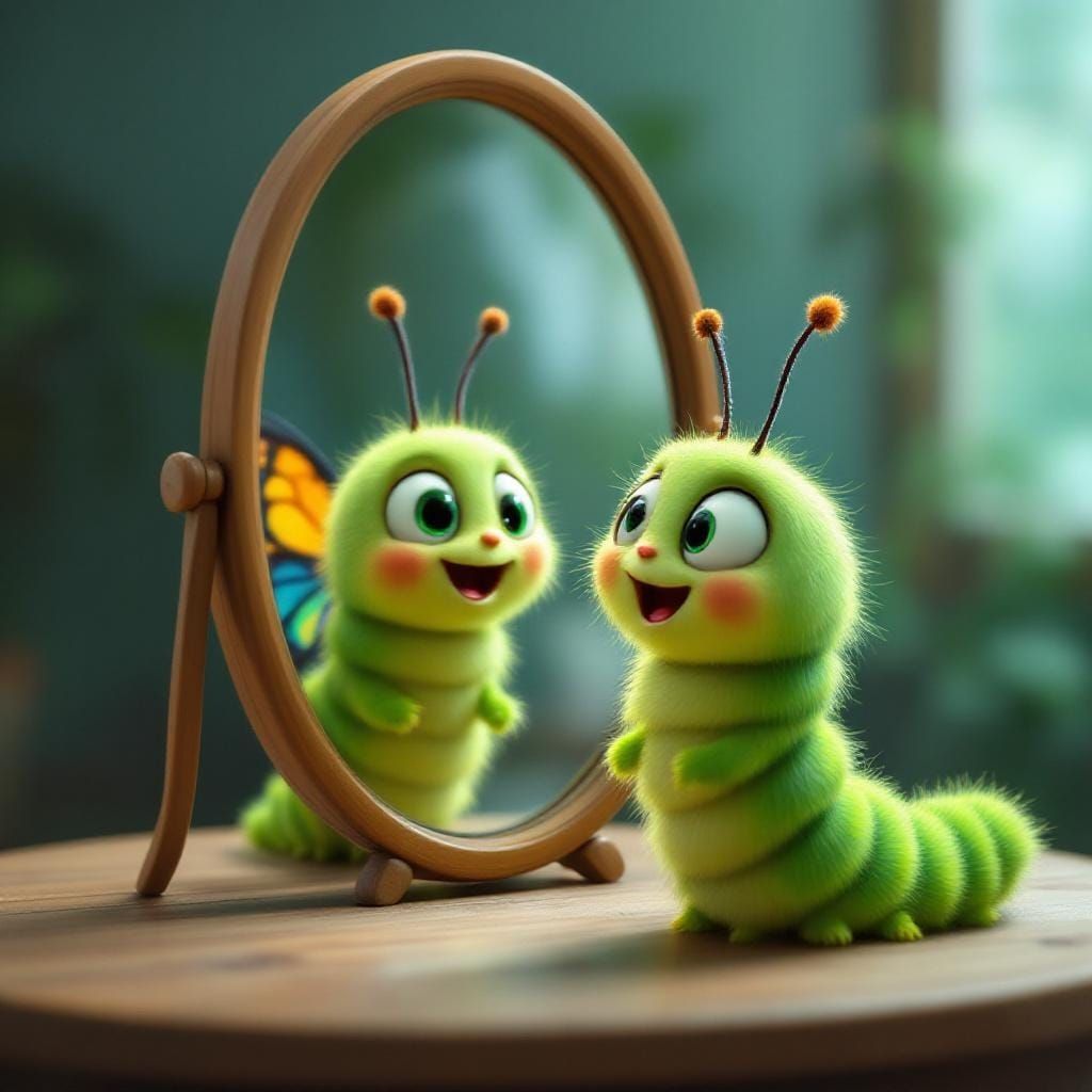 Excited Caterpillar Sees Butterfly Wings Reflected
