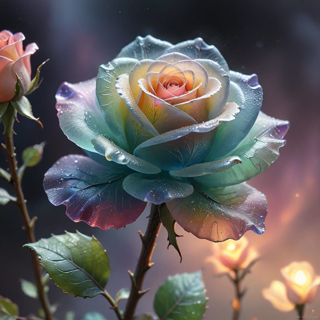 Ethereal Sea Glass Rose Sculpture Glowing with Pastel Neon C...