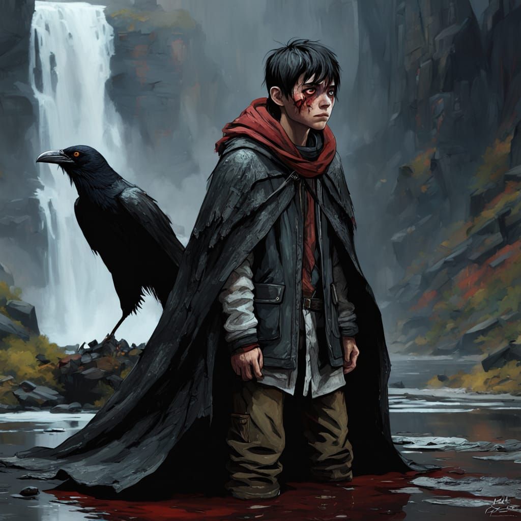 Cinematic Boy with Raven Wings and Crimson Scars