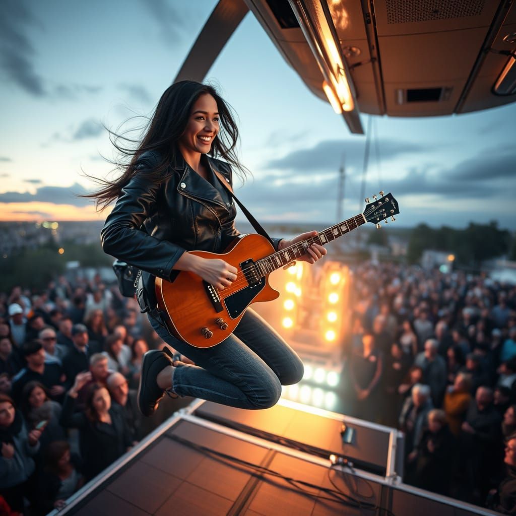 Musician Jumps from Helicopter to Stage Playing Guitar