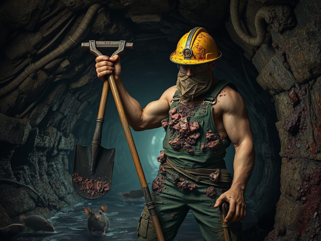 Dark Fantasy Sewer Scene with Hyperdetailed Worker in a Sea...
