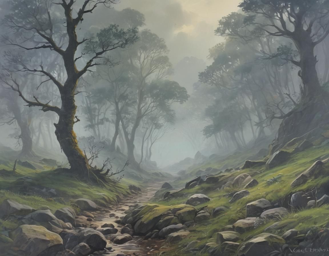 Misty Valley Gouache Painting