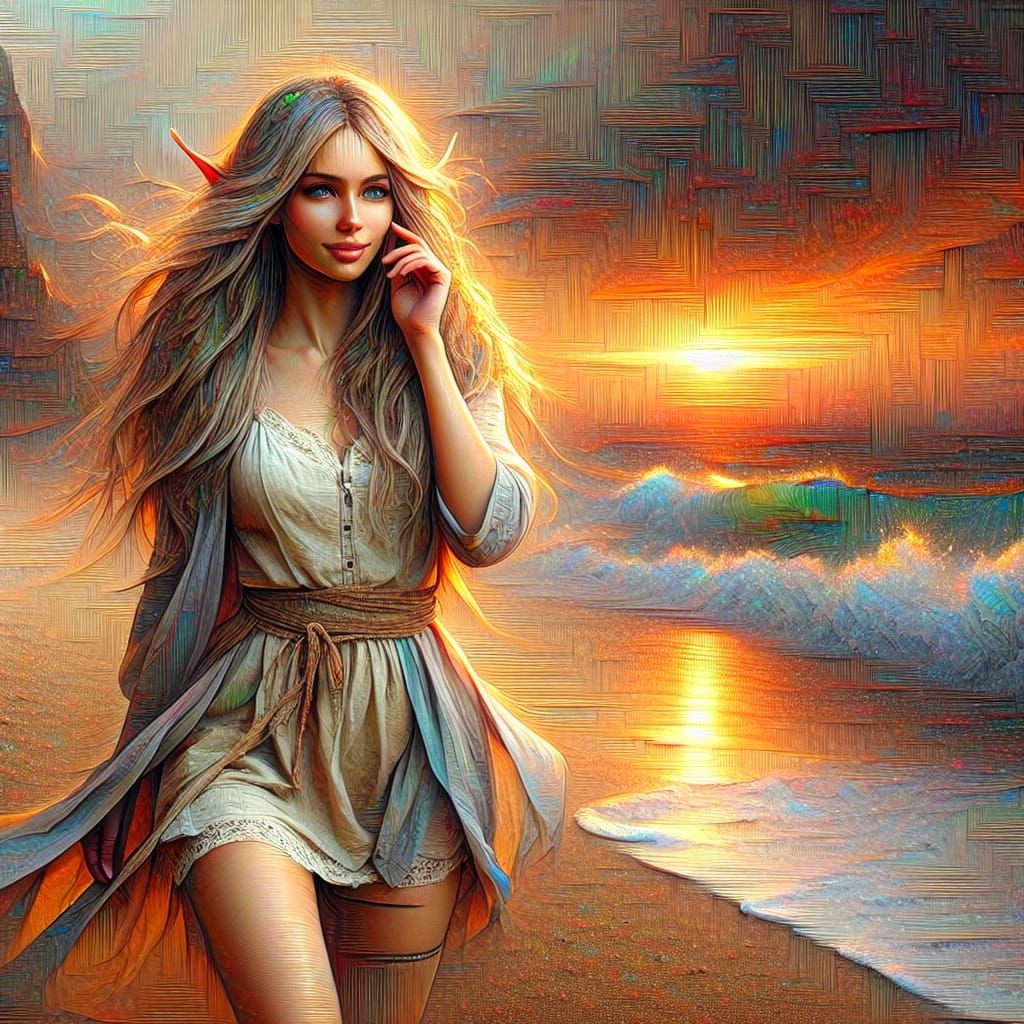 Elf Woman on Beach at Sunset as Rough Painting