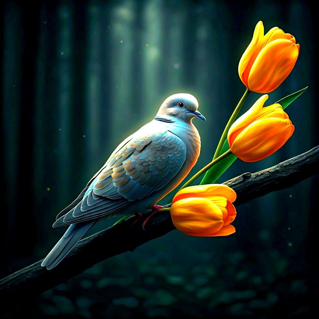 Bioluminescent Dove with Golden Tulips at Night