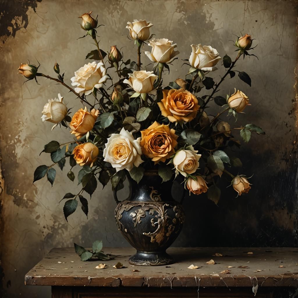 Baroque Still Life: Decayed Roses in Dramatic Lighting