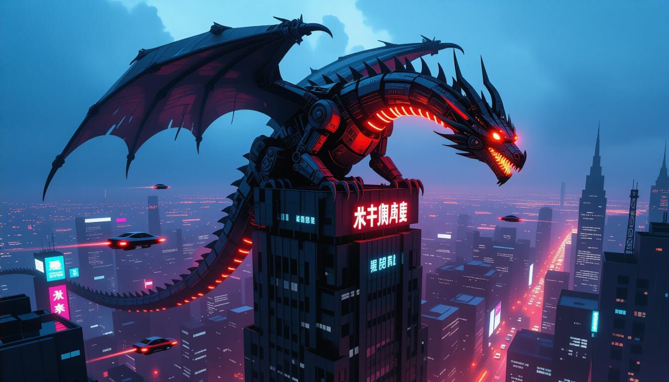 Cyberpunk Mechanical Dragon Perched on Skyscraper