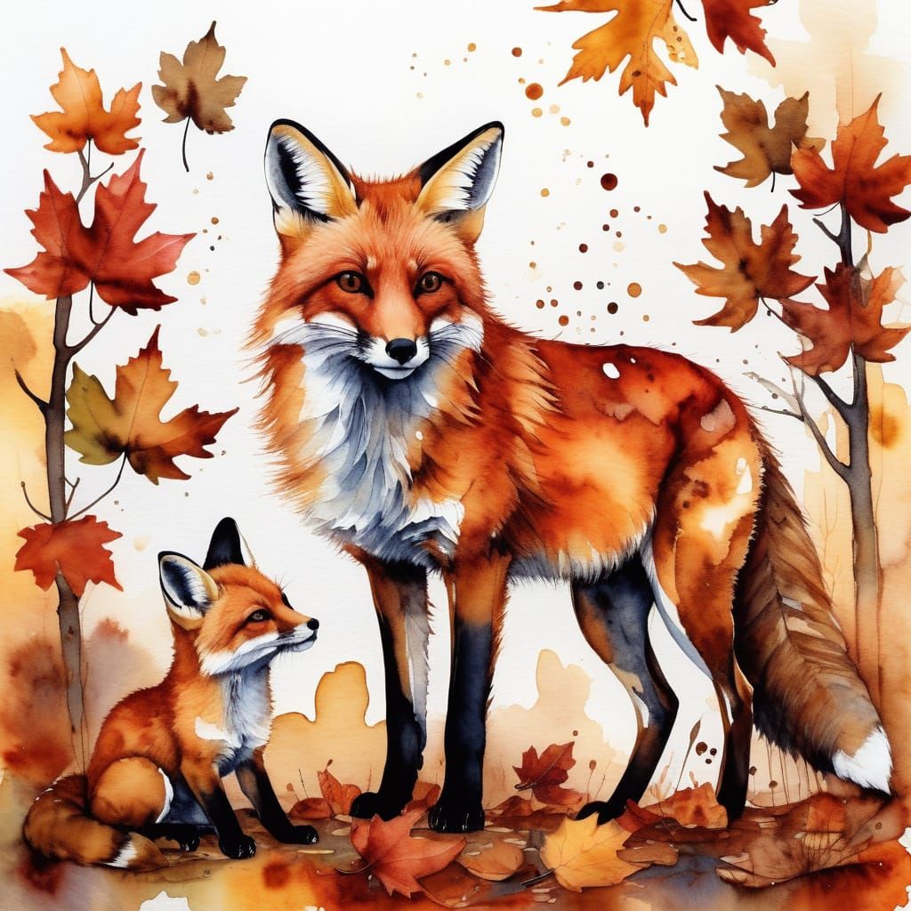 Red Fox and Deer in Autumn Leaves: Alcohol Ink Art