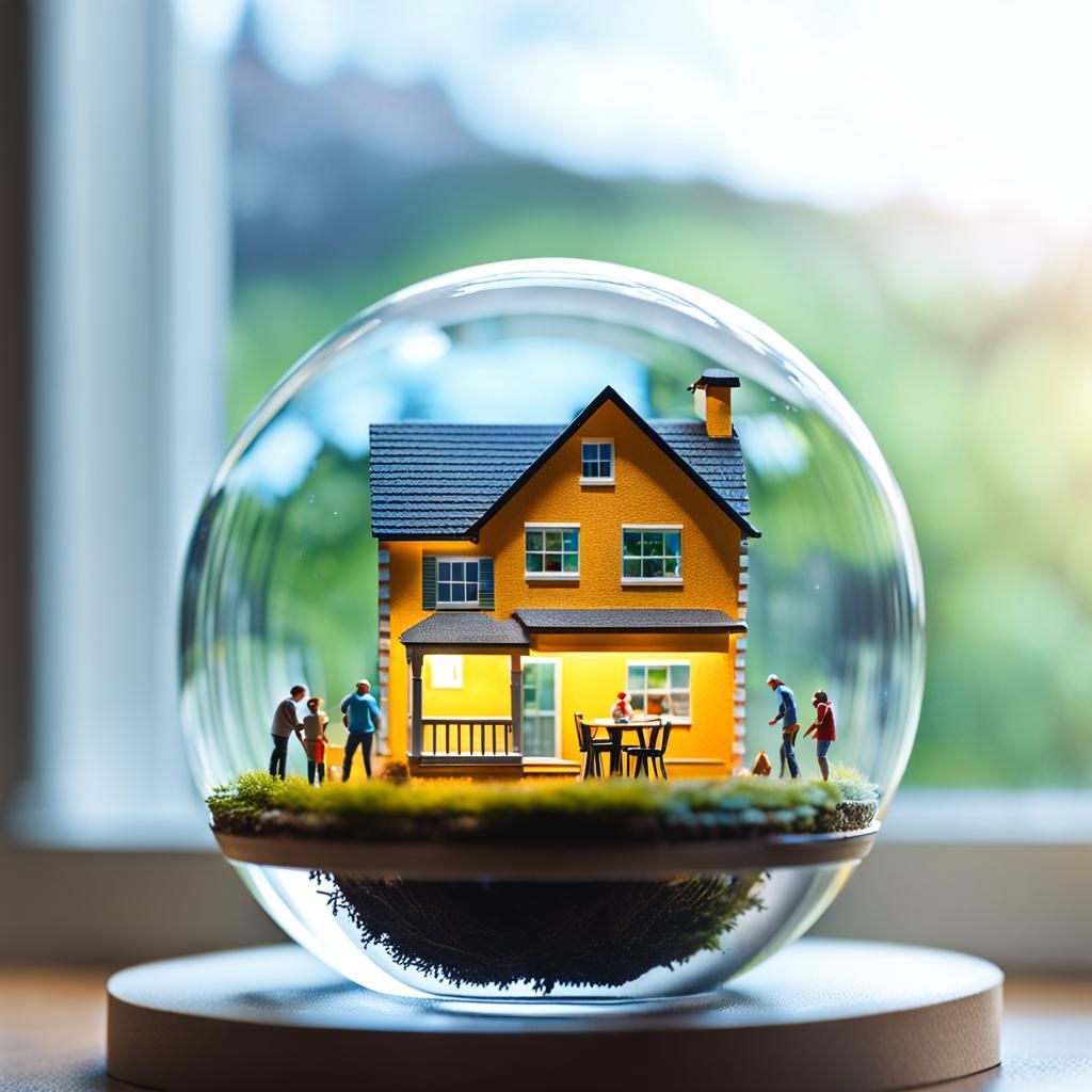 Miniature People Building House Inside Glass Orb
