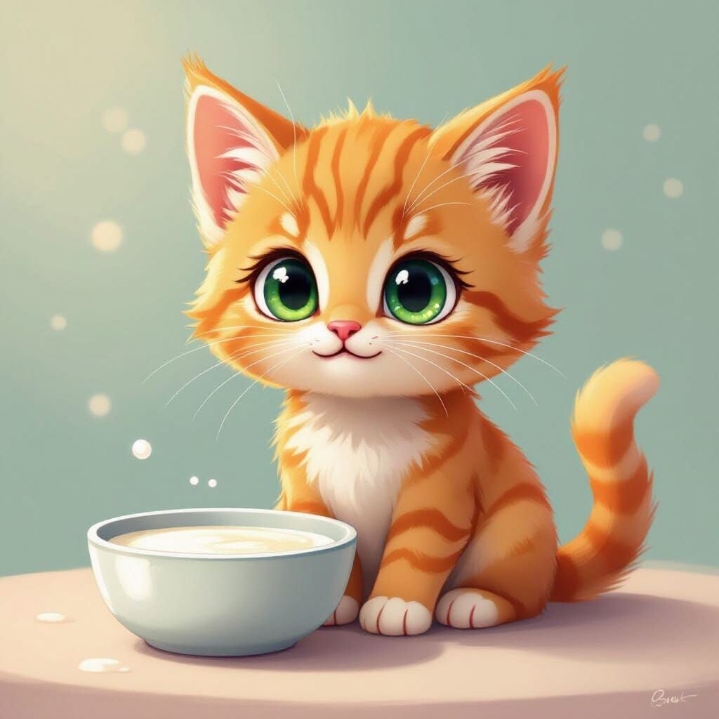 Cartoon Kitten with Milk in Manga Anime Style