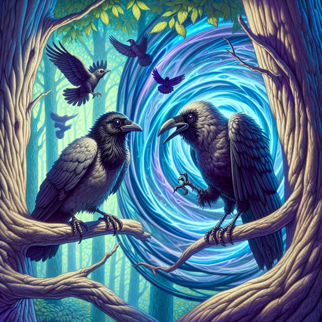Elderly Crow Meets Younger Self in Forest Time Vortex