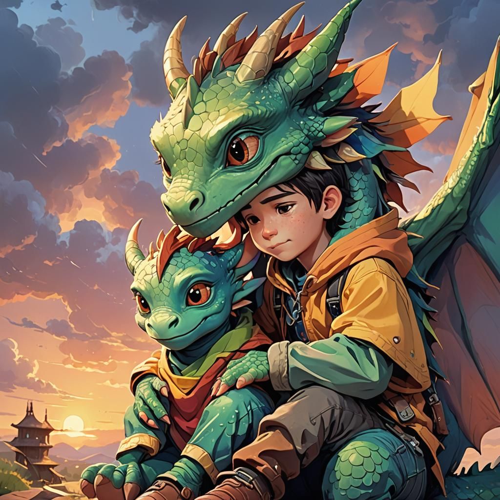 A chibia baby dragon  cuddled up in the lap of a toddler boy...