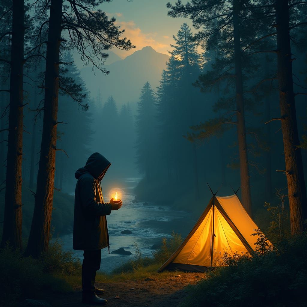 Mystical Forest Figure at Night with Glowing Herbal Tea