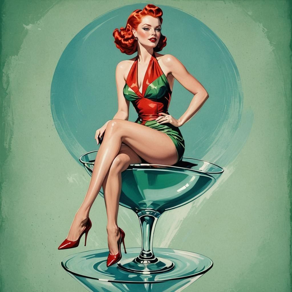 Retro Pinup Redhead in Martini Glass: Gouache Painting