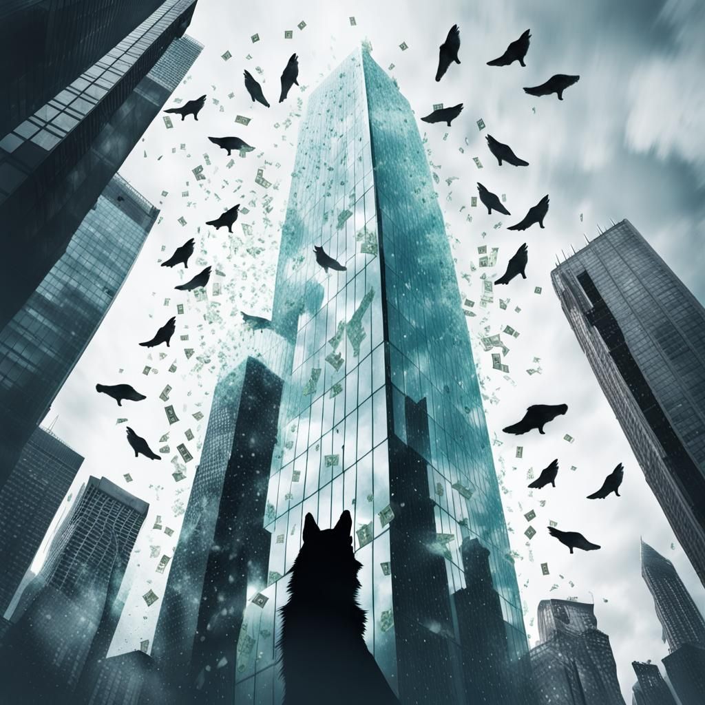 Wolves and Skyscraper Double Exposure with Money