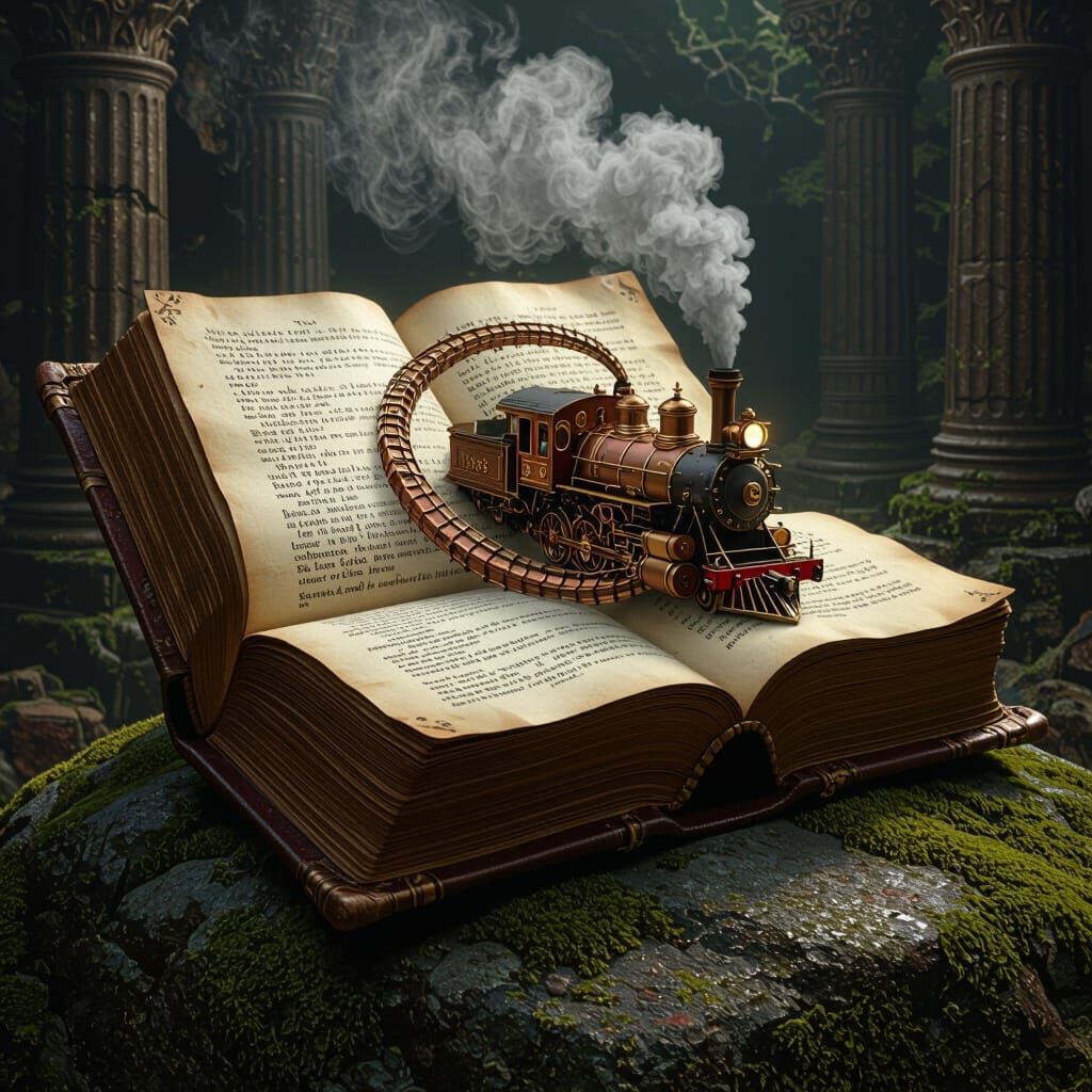 Steampunk Train Emerges From Ancient Book in Digital Art